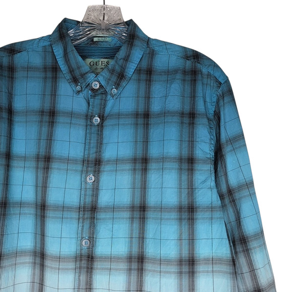Guess Plaid Teal Ombre Dillon Slim Fit Shirt Men's Medium Western Cowboy - Picture 12 of 13